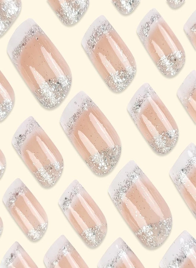 TOGZOM Square Press on Nails Medium French Tips Fake Nails Silver Glitter Acrylic Nails Press ons White Ombre Glue on Nail Shiny Stick on Nail Nude False Nails for Women Girls Nails Decoration 24Pcs - Image 3